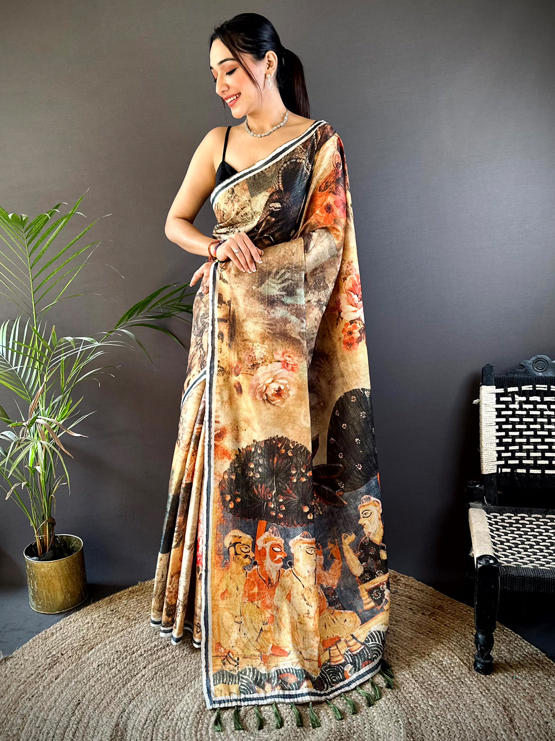 Orange Gold Zari Tussar Batik Print Saree