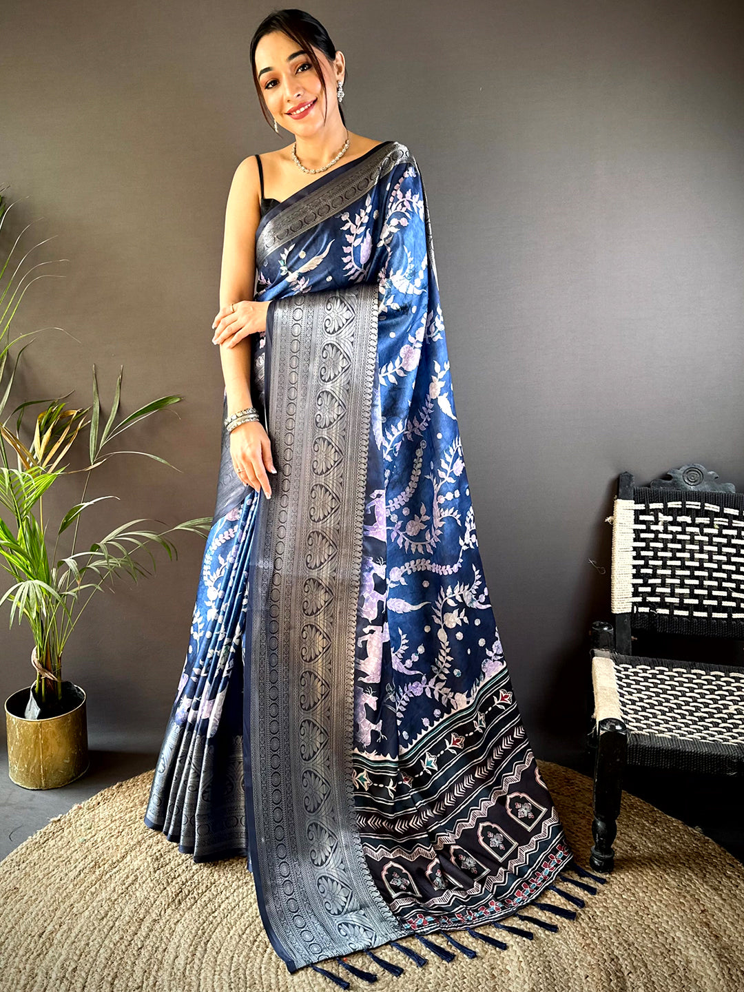 Blue Floral Animal Batik Soft Silk Saree