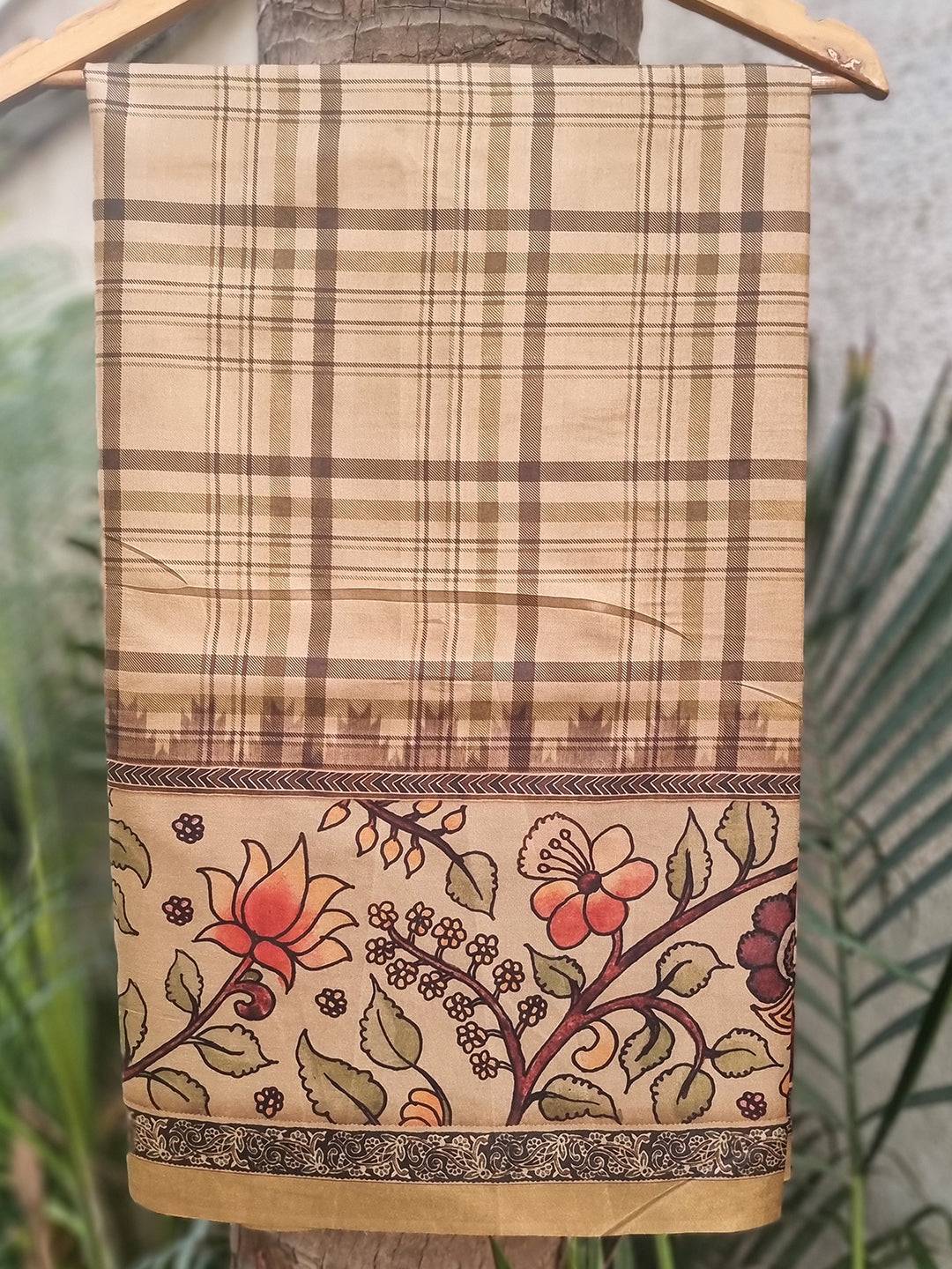 Traditional Tussar Silk Saree With Flower Kalamkari & Chex Motifs