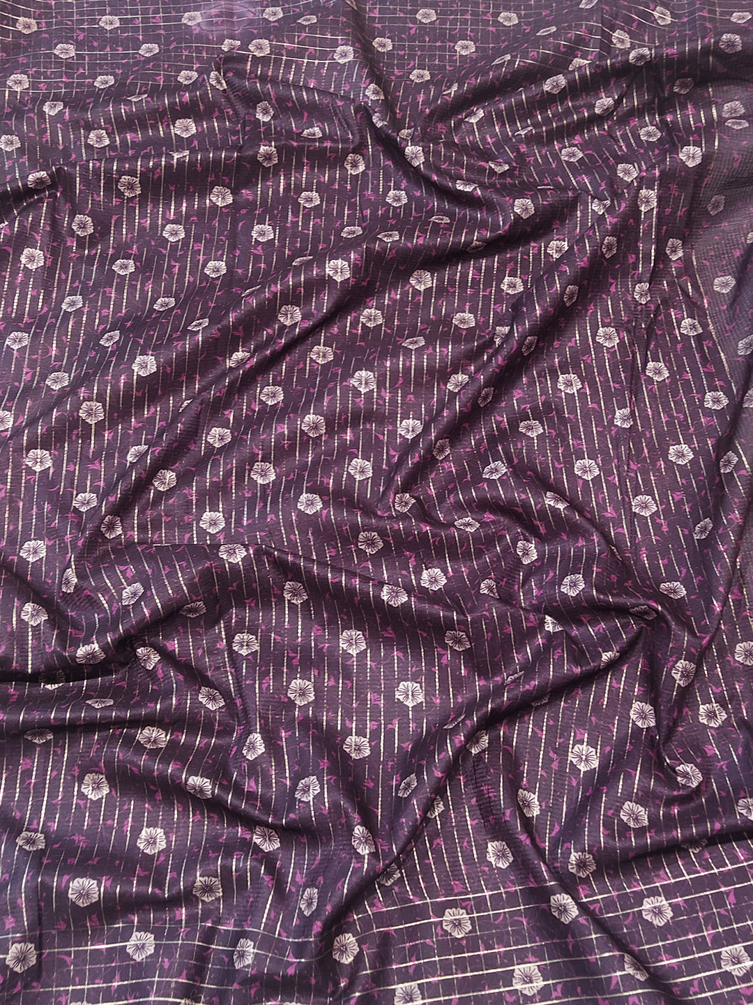 Detailed Fabric View of Purple Satin Kalamkari Saree