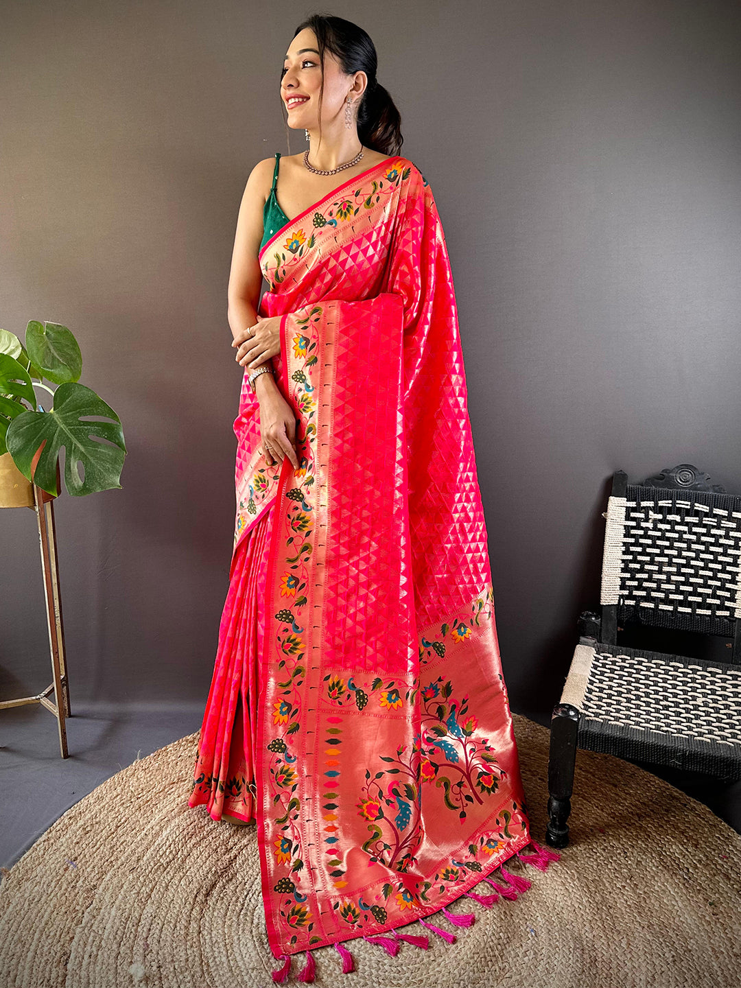 Pink Silk Blend Woven Zari Work Paithani Saree