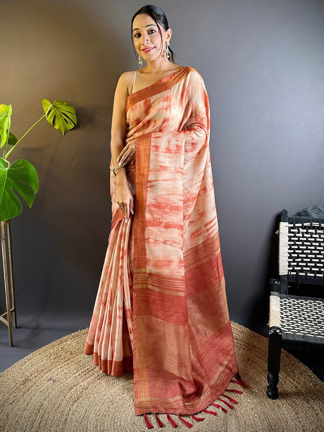 Rust Shibori Print Linen Saree