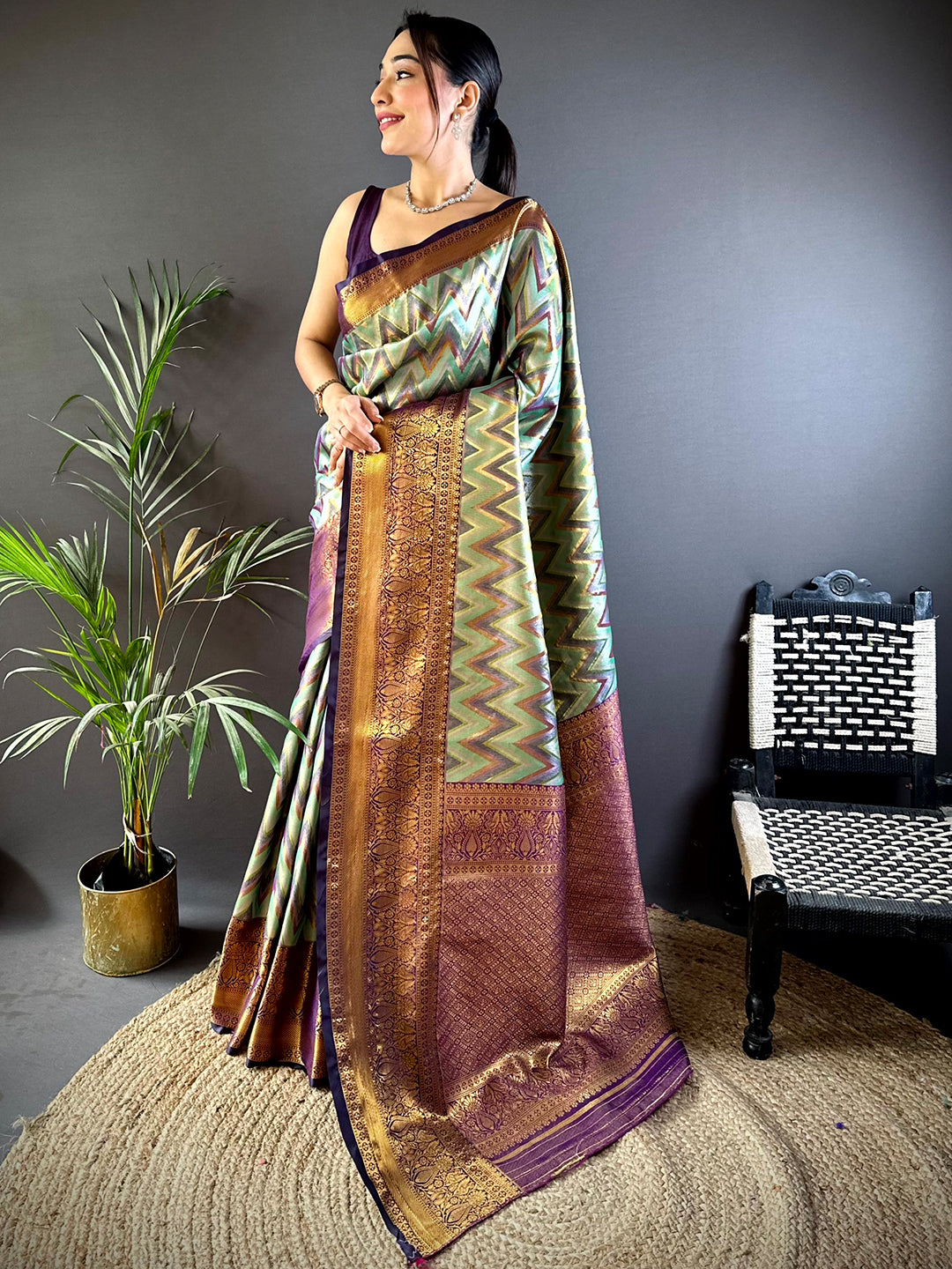 Majestic Brown Zigzag Dharmavaram Silk Saree