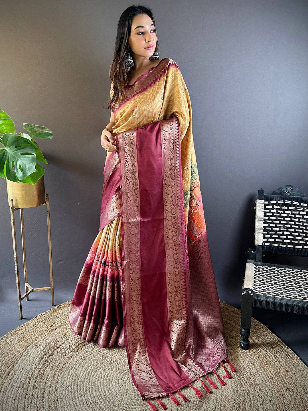 Mustard Banarasi Pichwai Print Saree