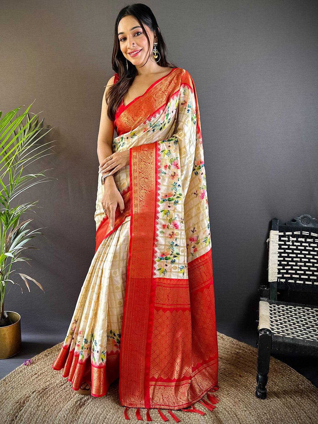 Red Kovai Rettapet Border Digital Print Saree