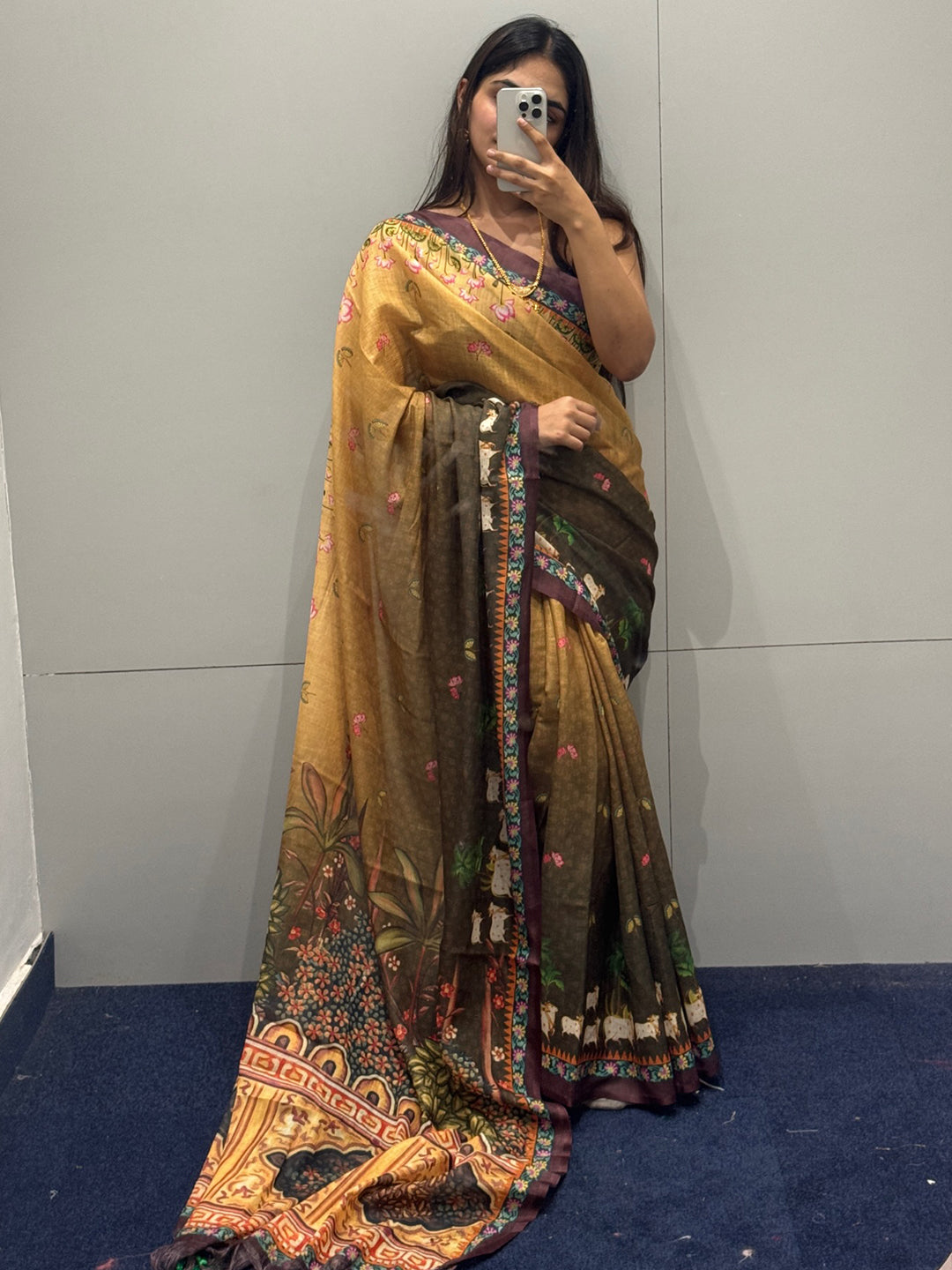 Soft Linen Brown Ombre Pichwai Saree in fitting room