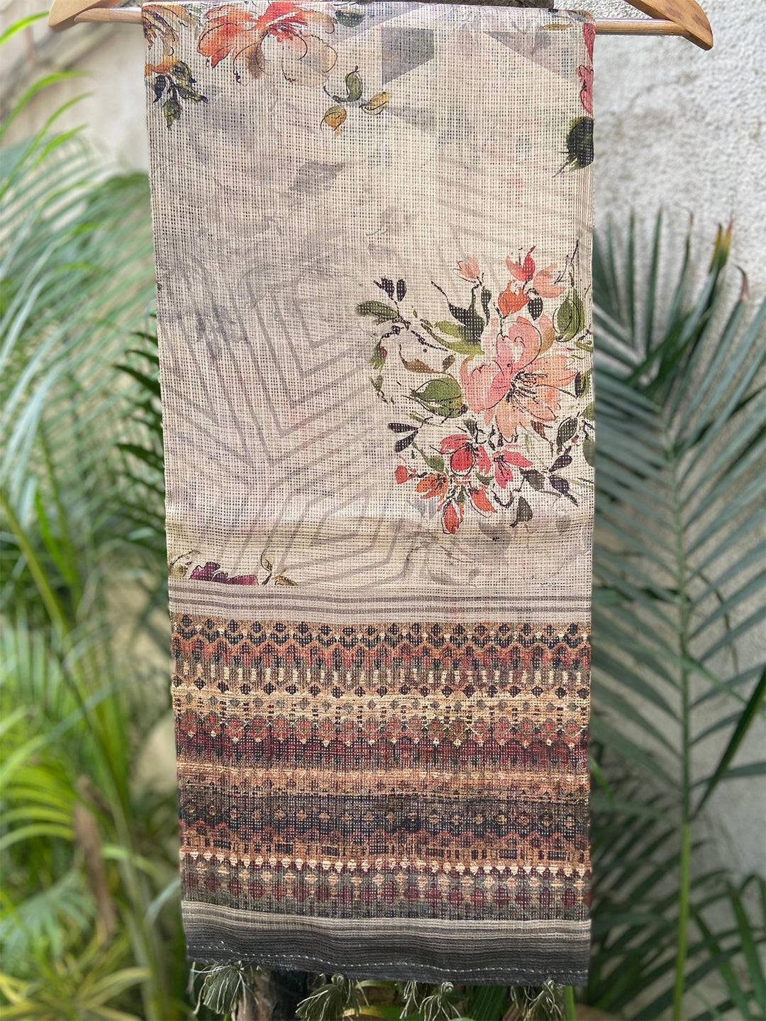 Grey Colour Soft Kota Doriya Silk Saree With Flower Print