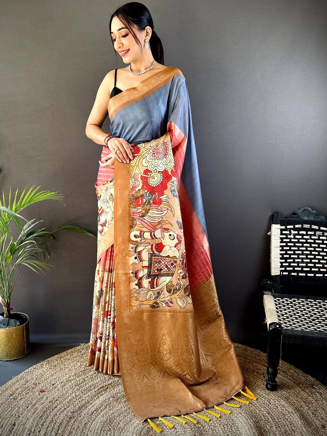 Air Force Blue Kalamkari Ombre Soft Silk Saree