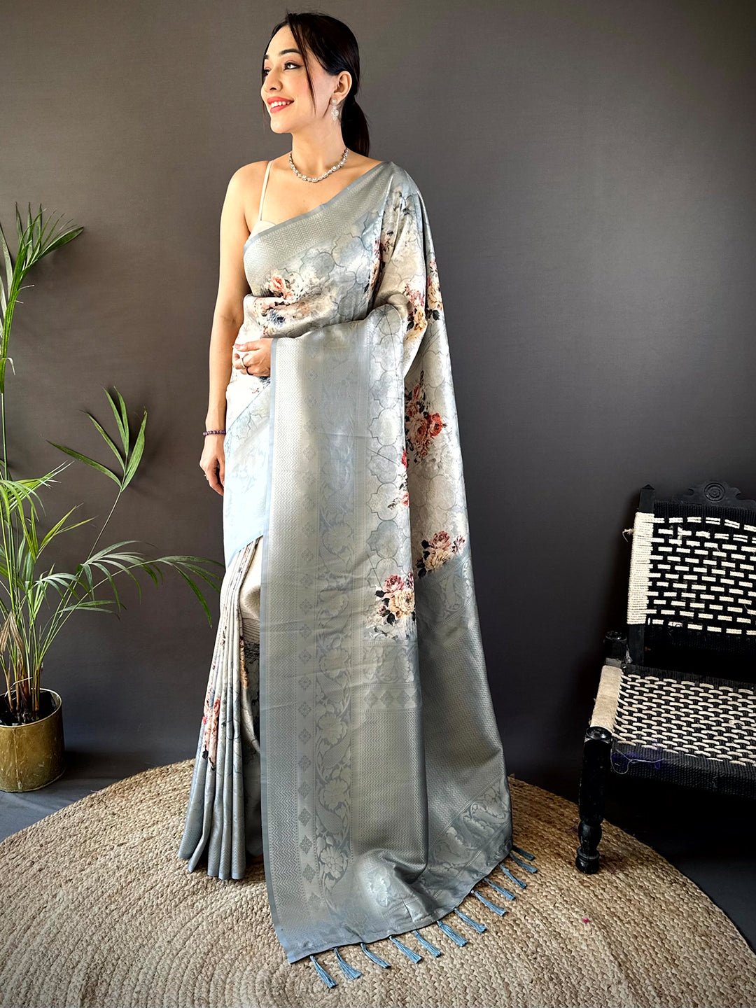 Pastel Blue Kanjivaram Digital Silk Saree