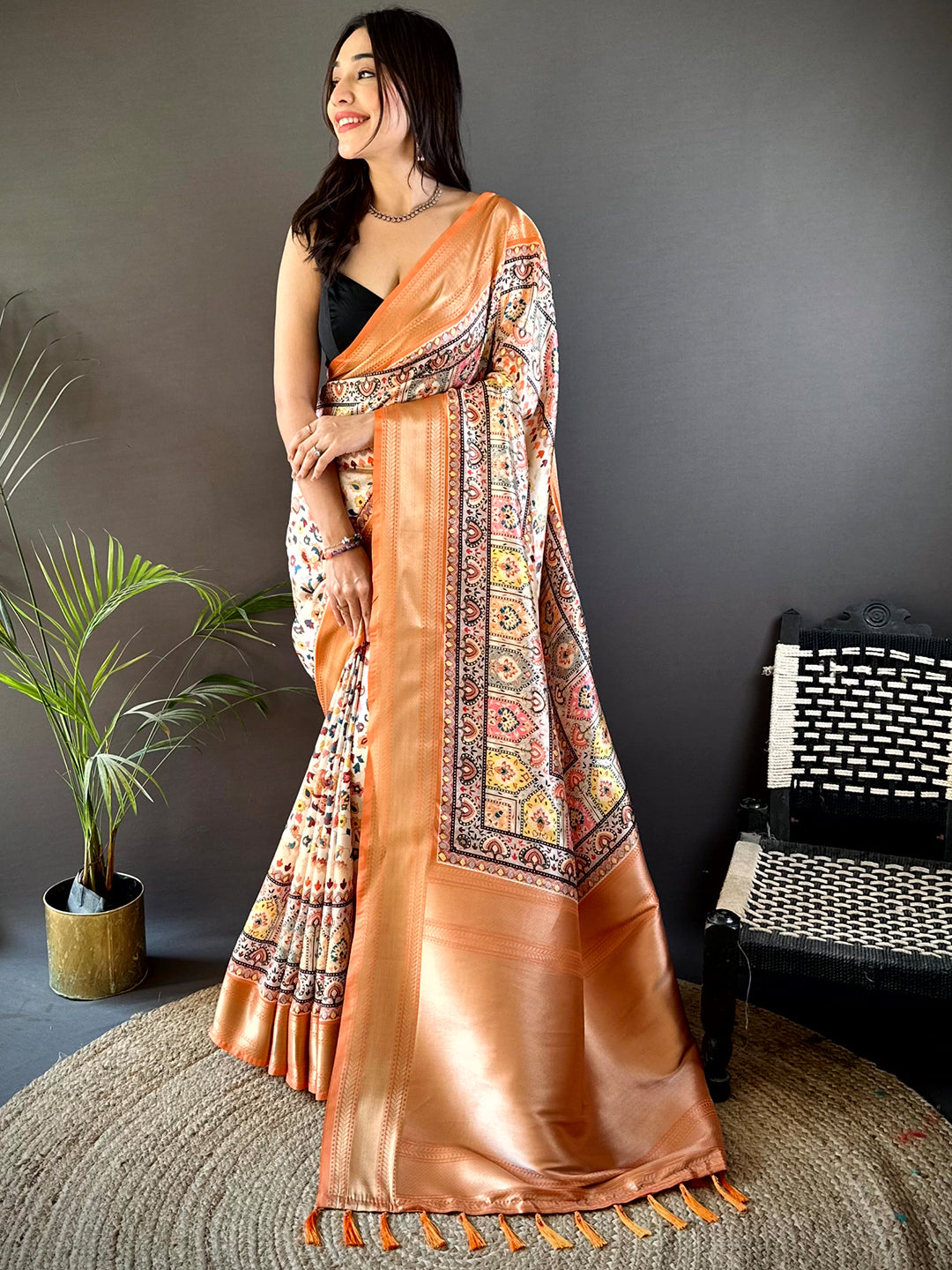 Light Orange Mughal Kalamkari Print Pashmina Saree