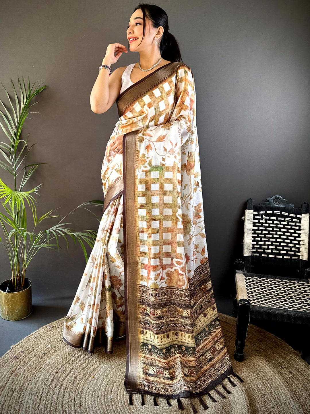 Coffee Brown Kota Doriya Floral Print Saree