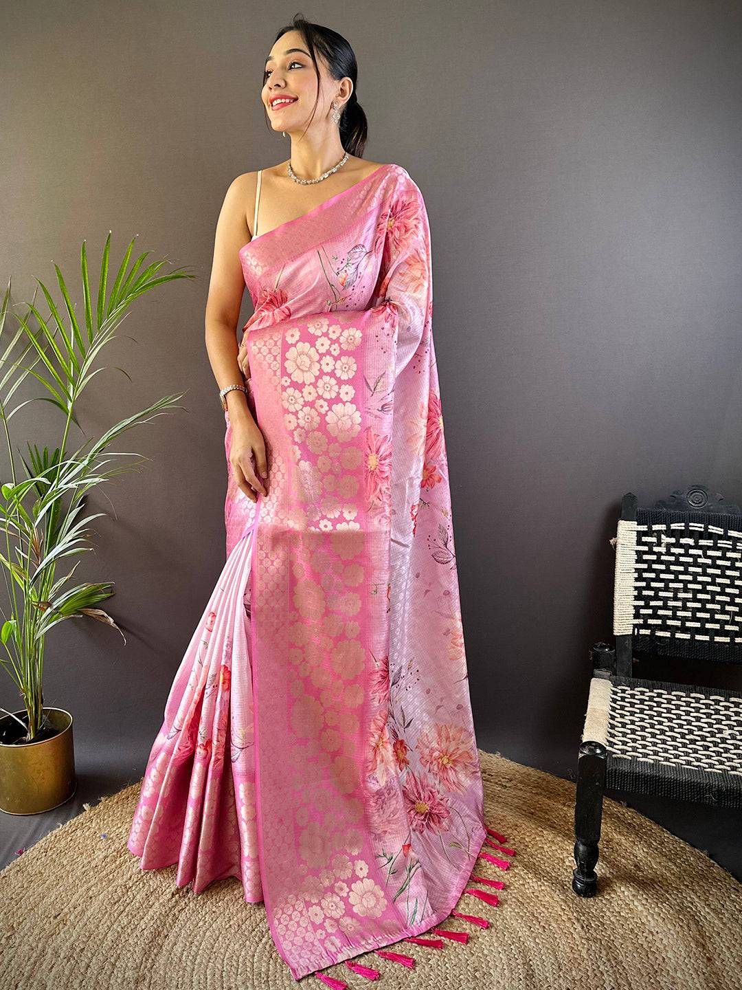 Dahlia Pink Kota Doriya Zari Floral Kanchi Border Saree