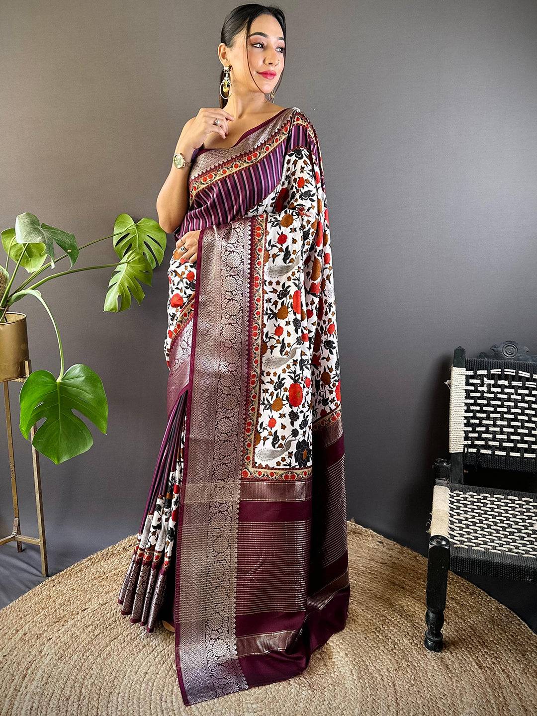 Wine Floral Peacock Fusion Saree