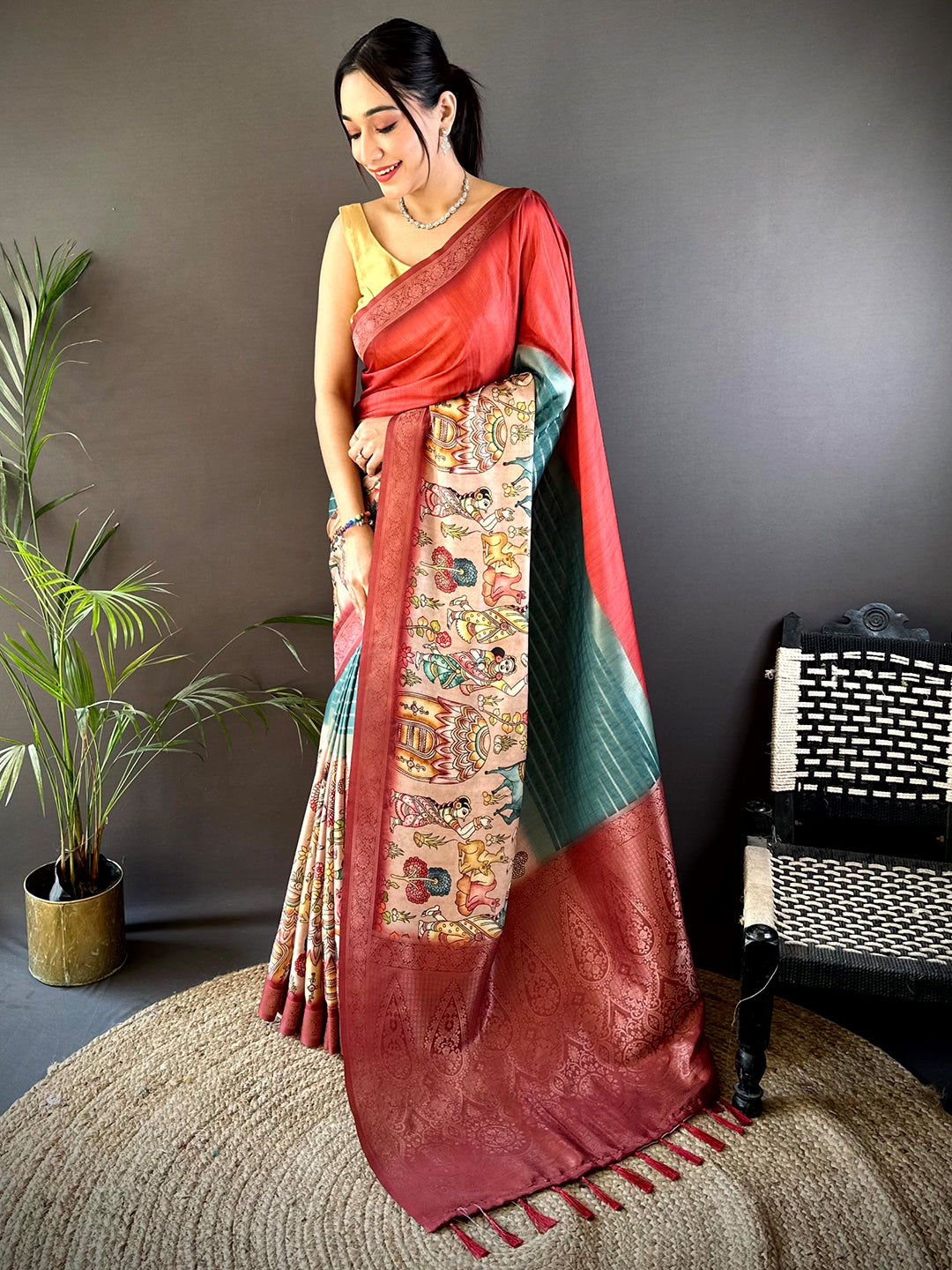 Rose Red Kalamkari Ombre Soft Silk Saree