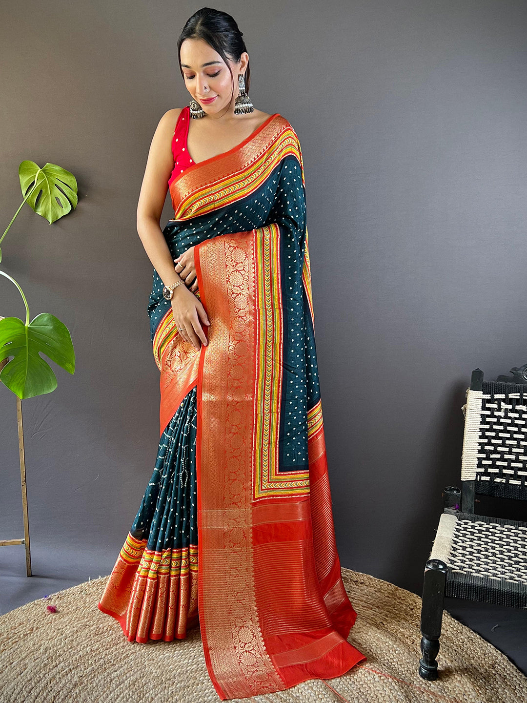 Viscose Dola Silk Bandhej Zari Saree