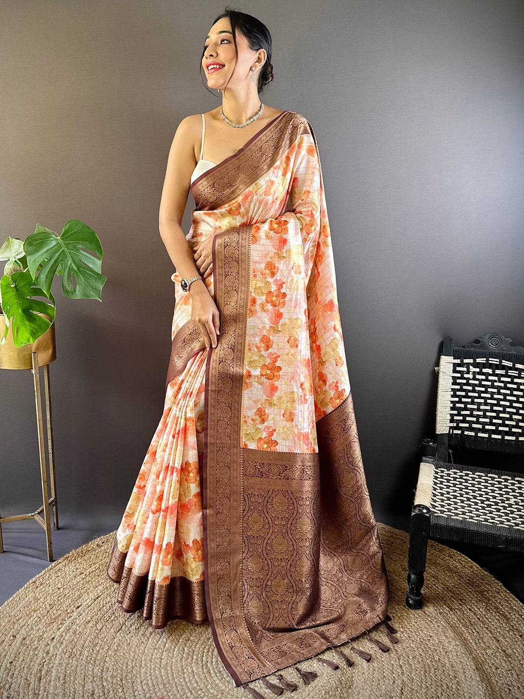 Sunset Orange Floral Saree