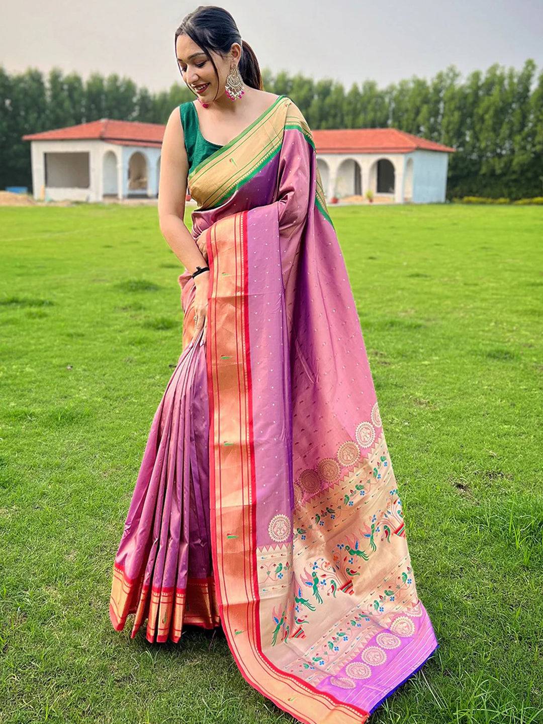 Full view of Pink Paithani Ganga Jamuna Broder Saree with rich pallu