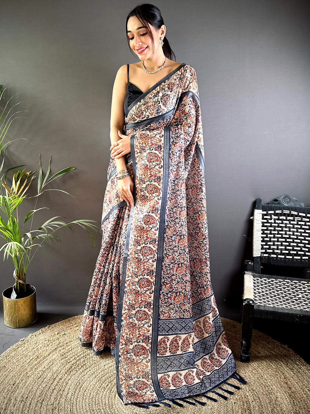 Navy Chanderi Phulkari Floral Digital Print Saree