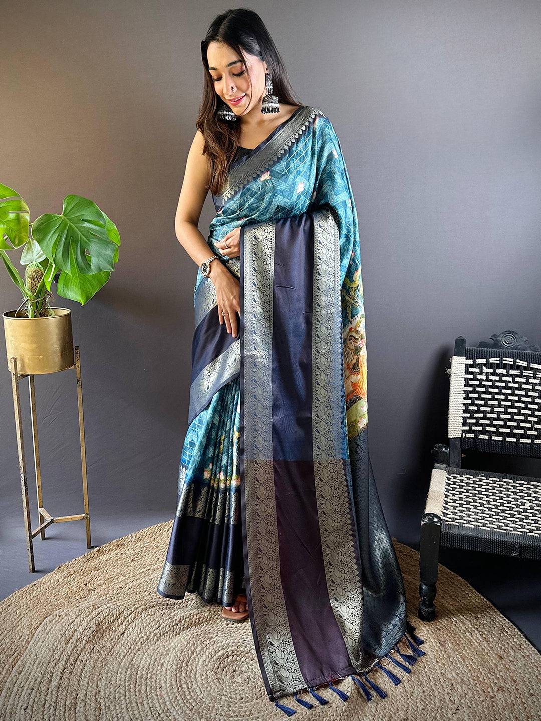 Teal Banarasi Pichwai Print Saree