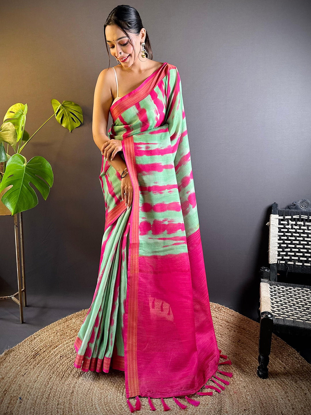 Pista Shibori Print Linen Saree