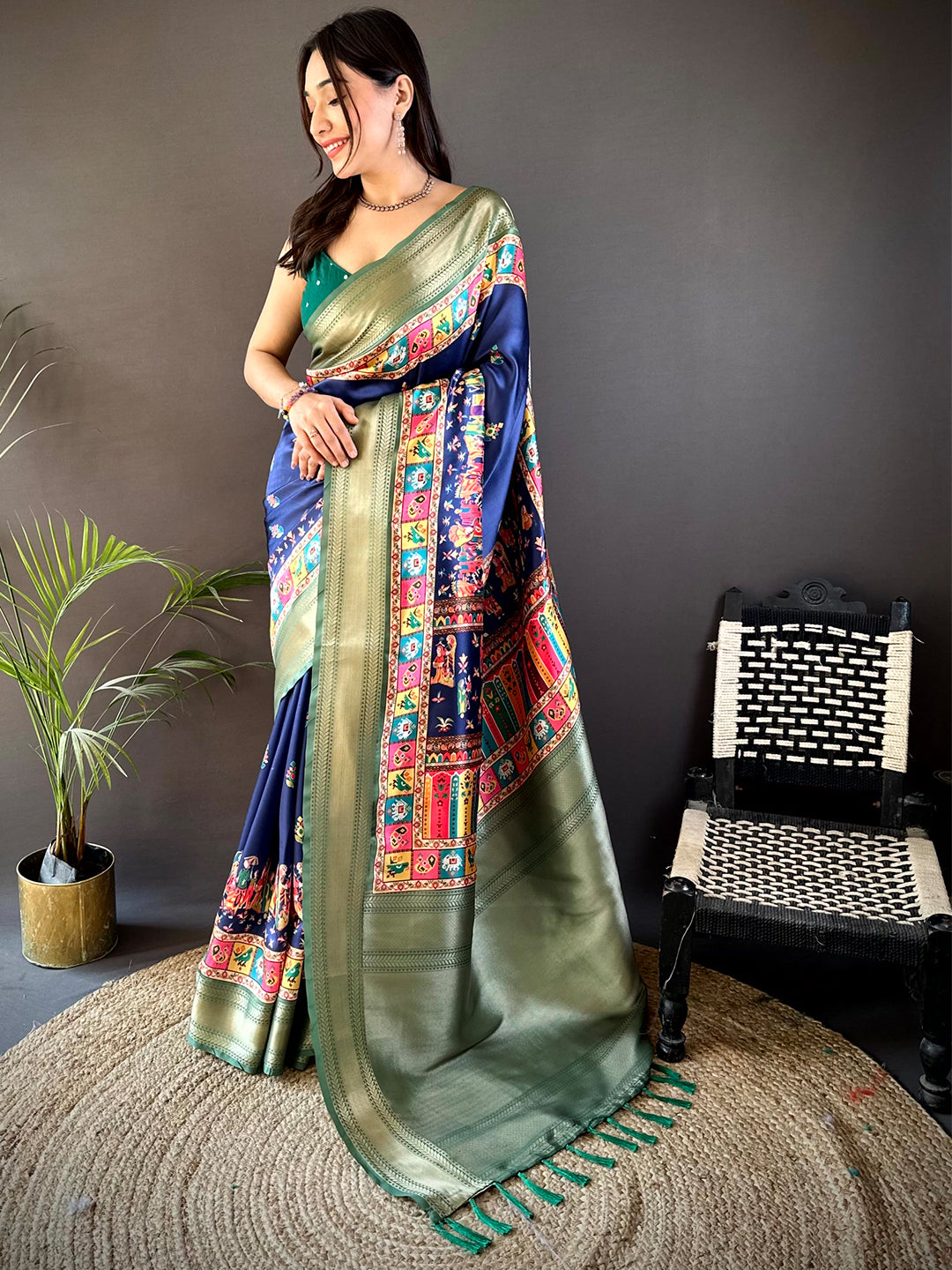 Dark Blue Mughal Kalamkari Print Pashmina Saree