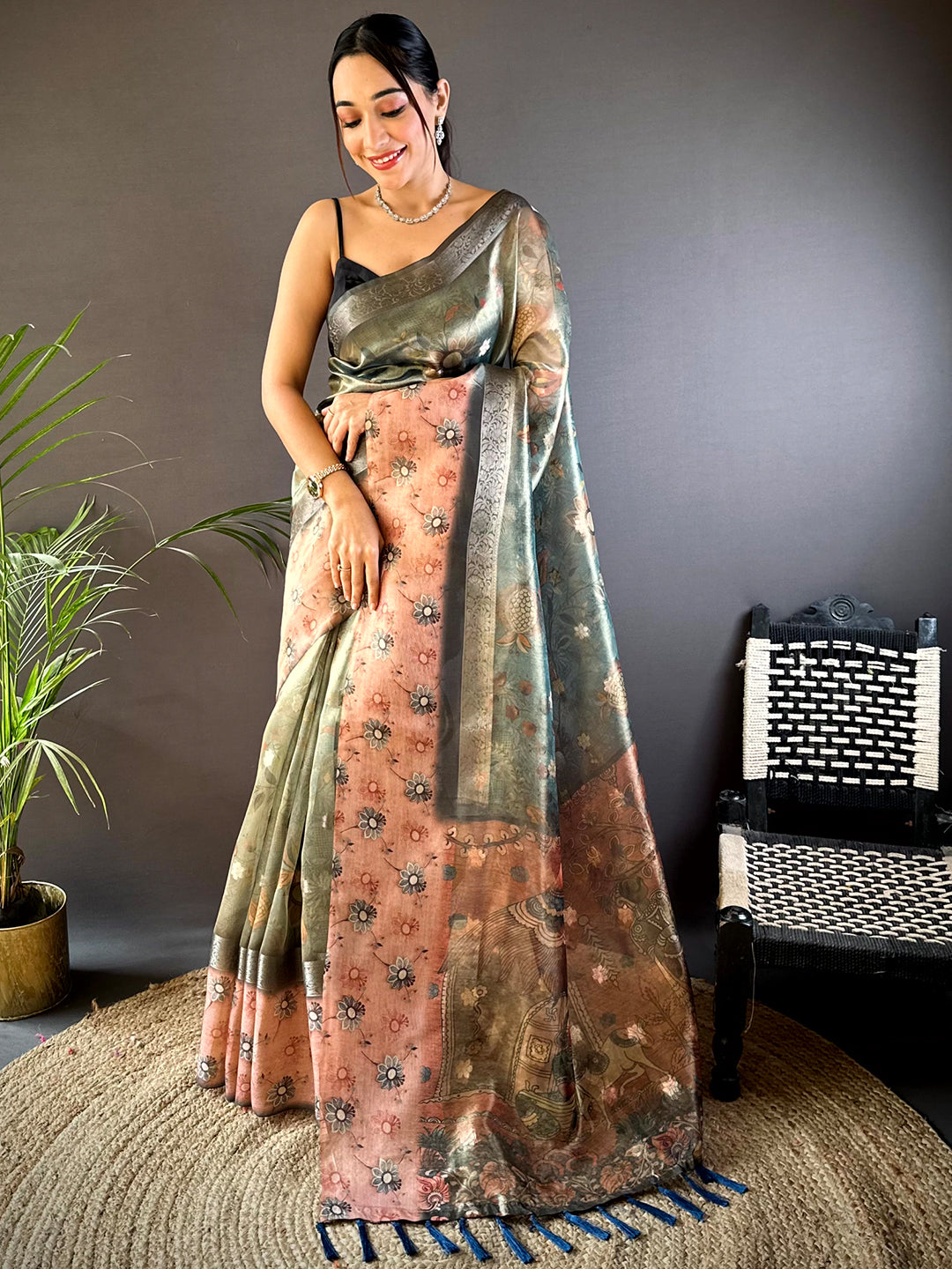 Olive Floral Satin Bentex Border Saree