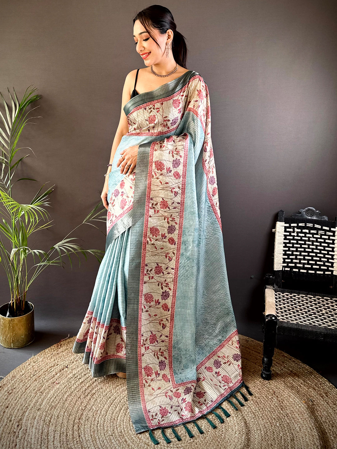 Sky Blue Soft Silk Floral Digital Saree