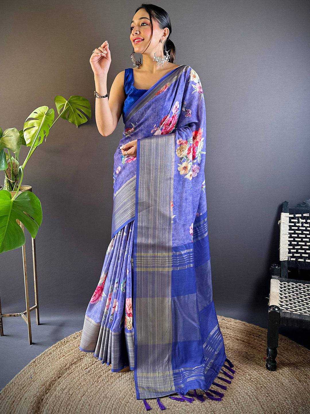 Purple Bloom Linen Saree