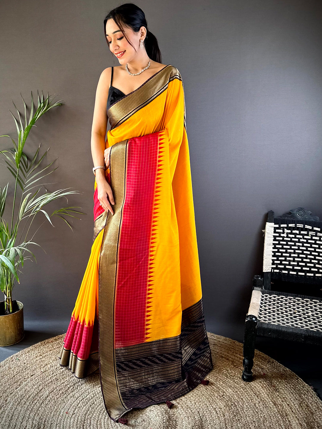 Sunshine Yellow Zari Pallu Cotton Viscose Saree