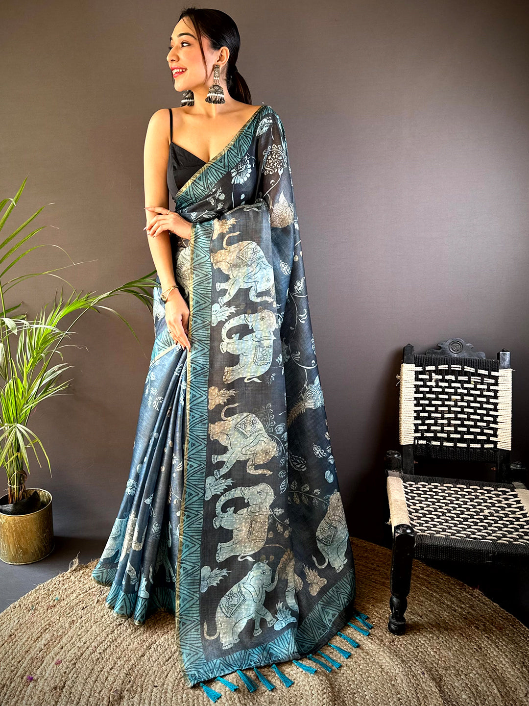 Navy Kalamkari Block Print Chanderi Saree