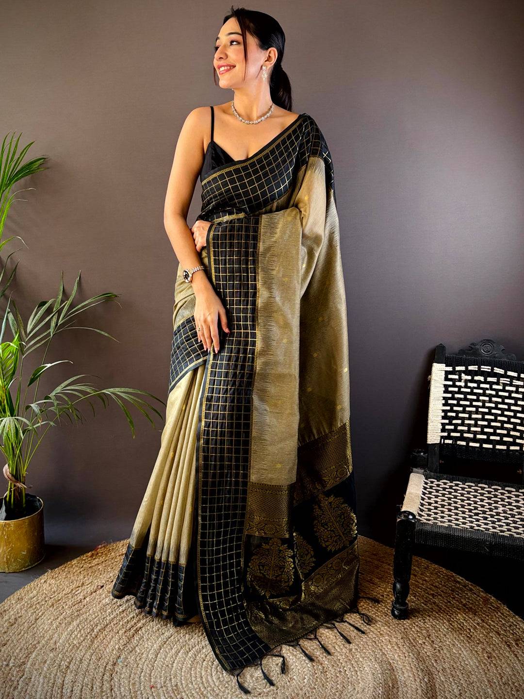 Black Soft Silk Saree With Zari Chex Border