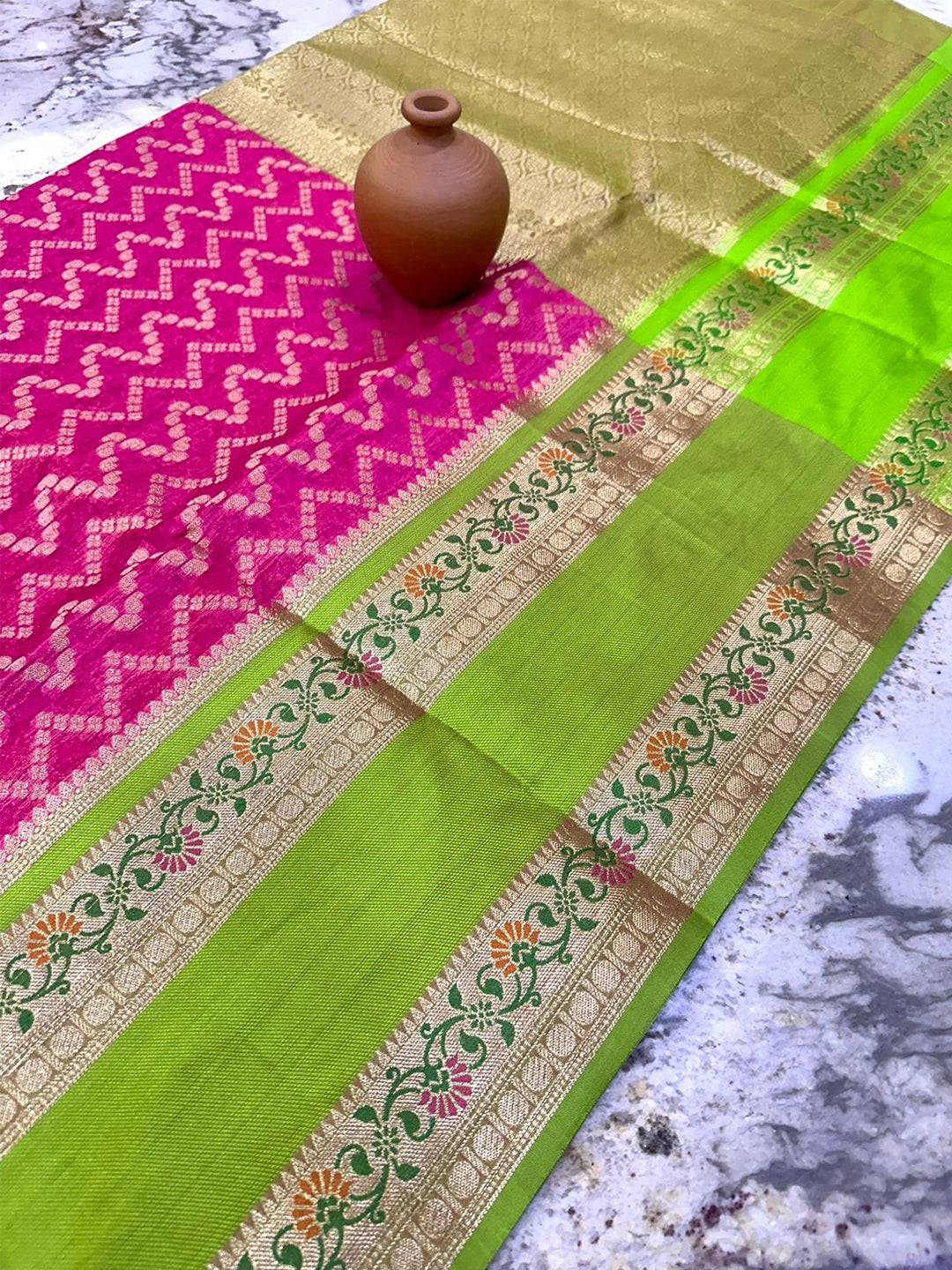 Regal Pink And Green Zari Saree