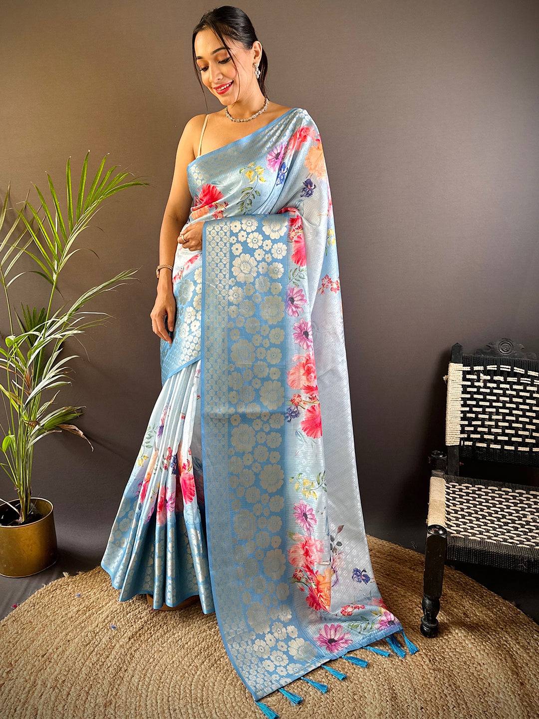 Sky Blue Kota Doriya Zari Floral Kanchi Border Saree