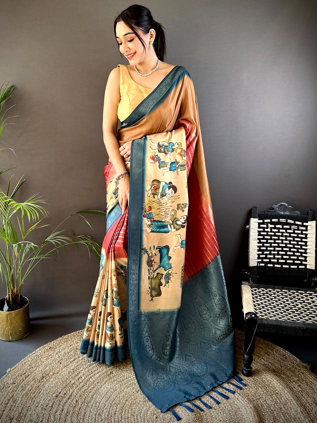 Coffee Brown Kalamkari Ombre Soft Silk Saree