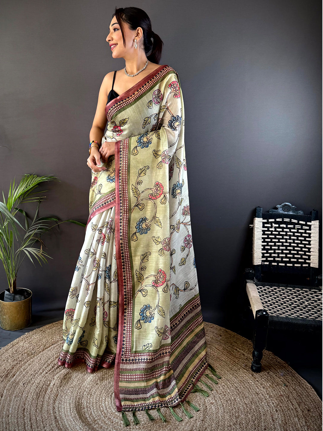 Shop Swamp Green Zari Tussar Floral Saree featuring exquisite floral motifs and a rich border, perfect for festive and wedding occasions.