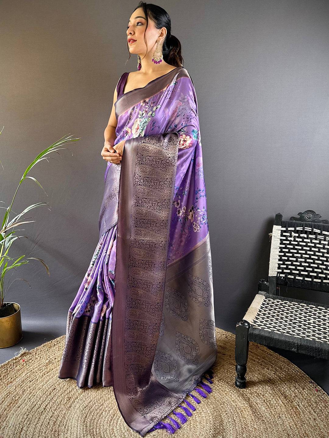 Lilac Purple Satin Silk Floral Print Saree