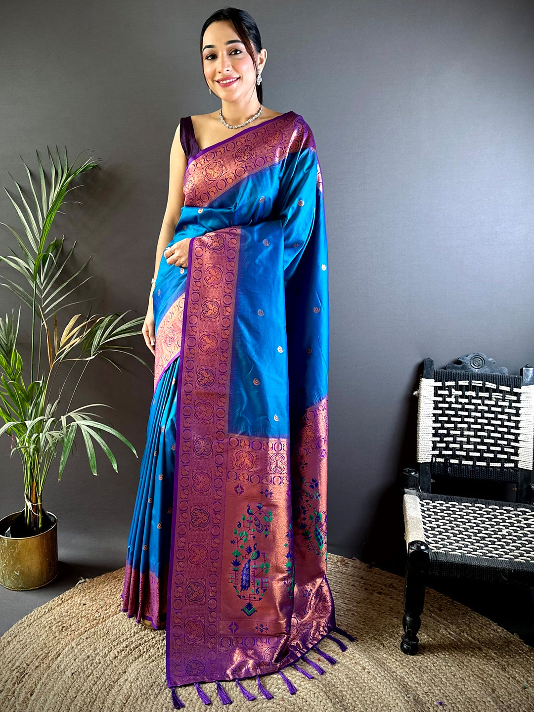 Blue Peacock Feather Paithani Soft Silk Saree