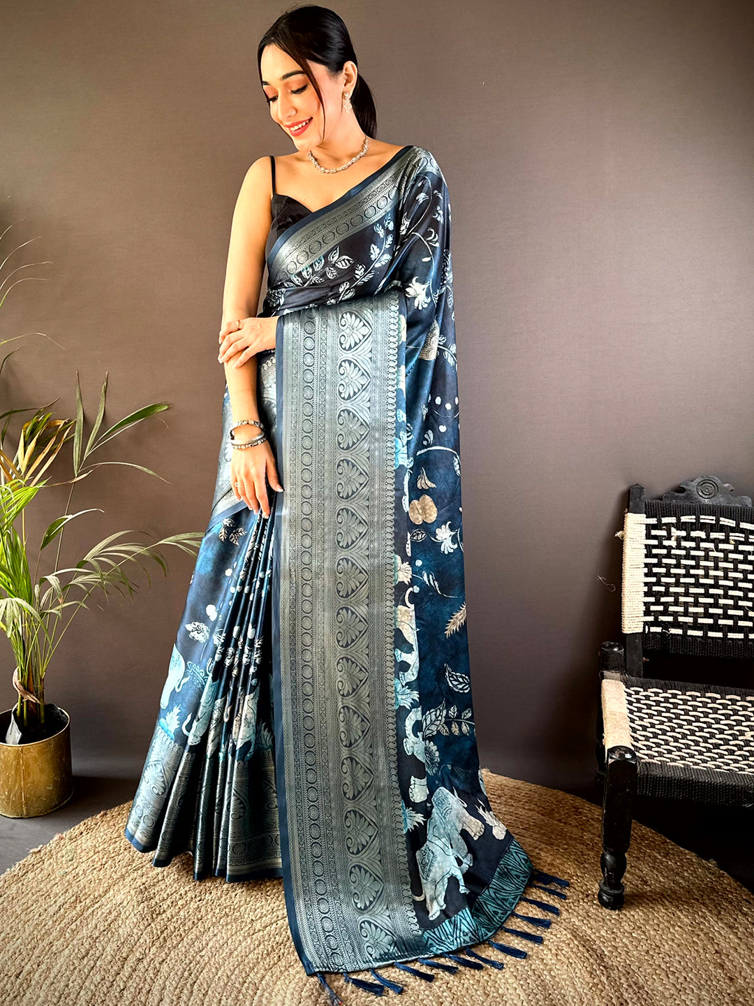 Blue Soft Silk Animal Bandhej Saree