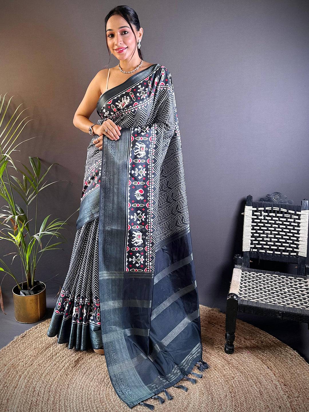 Grey Zig Zag Kalamkari Kanchi Silk Saree