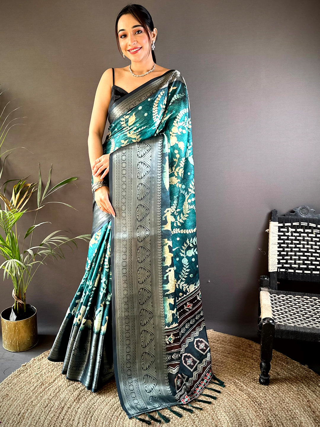 Teal Floral Animal Batik Soft Silk Saree