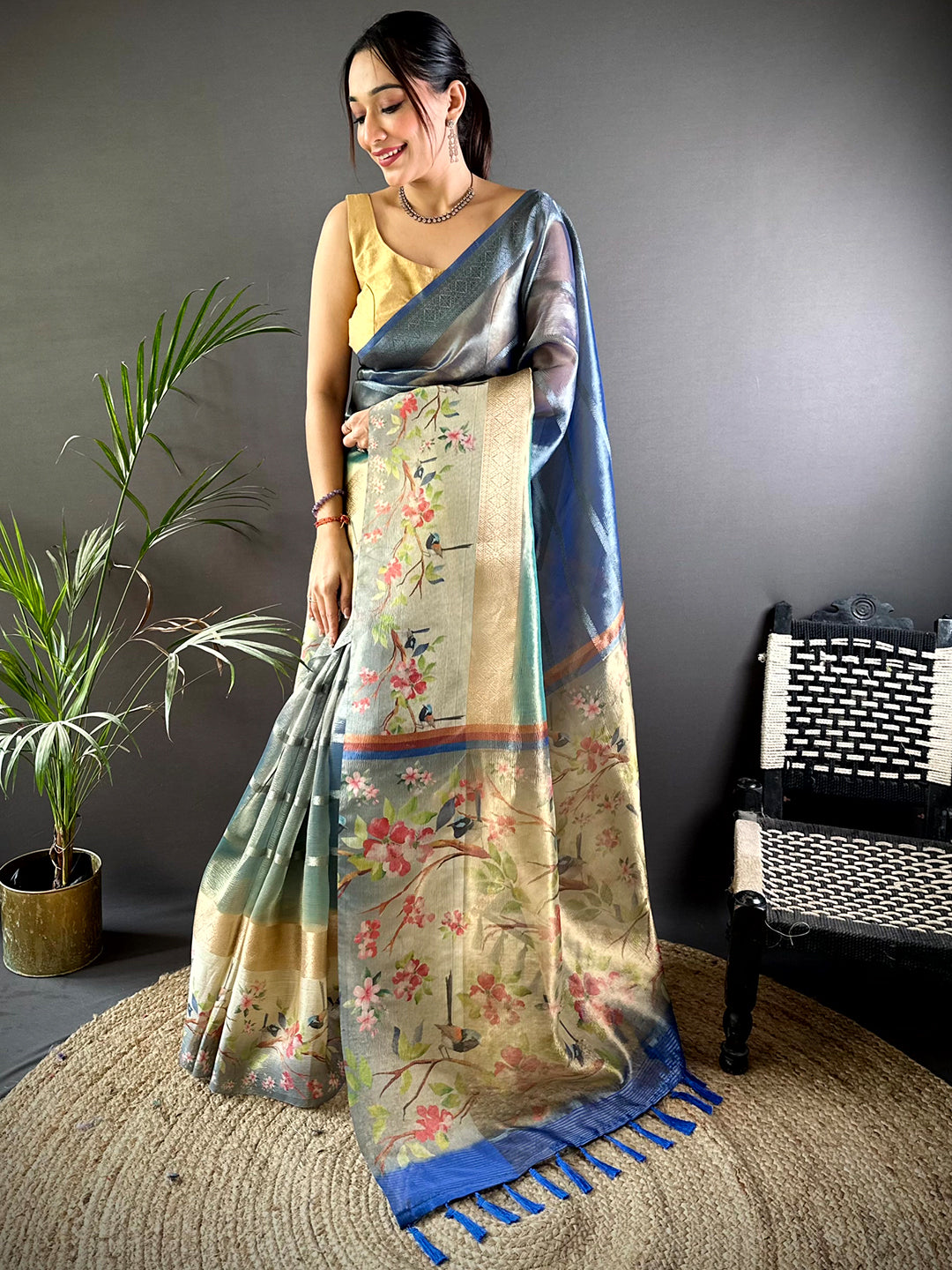 Blue Ombre Zari Tissue Digital Print Saree