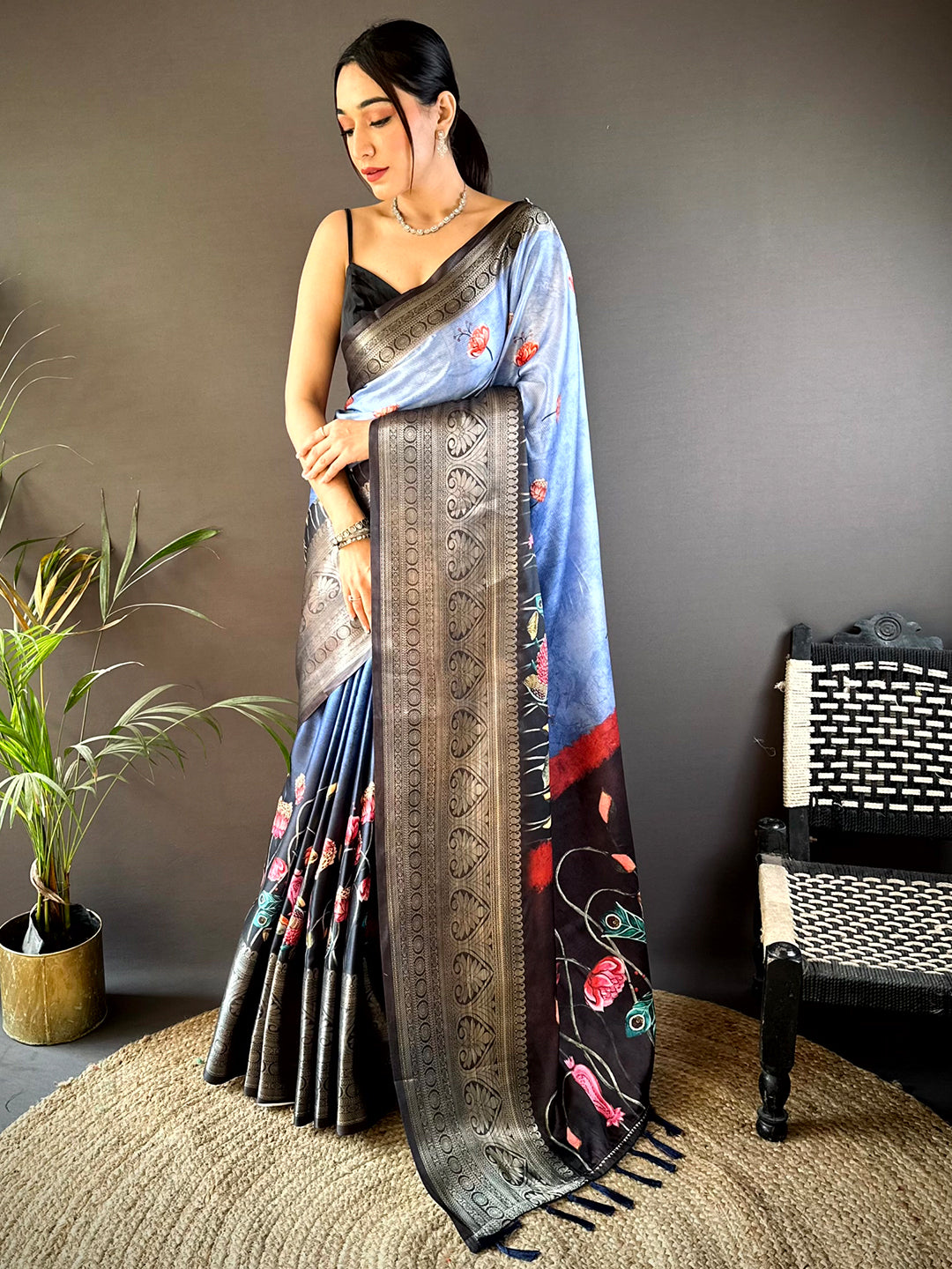 Serene Blue Soft Silk Floral Ombre Print Saree