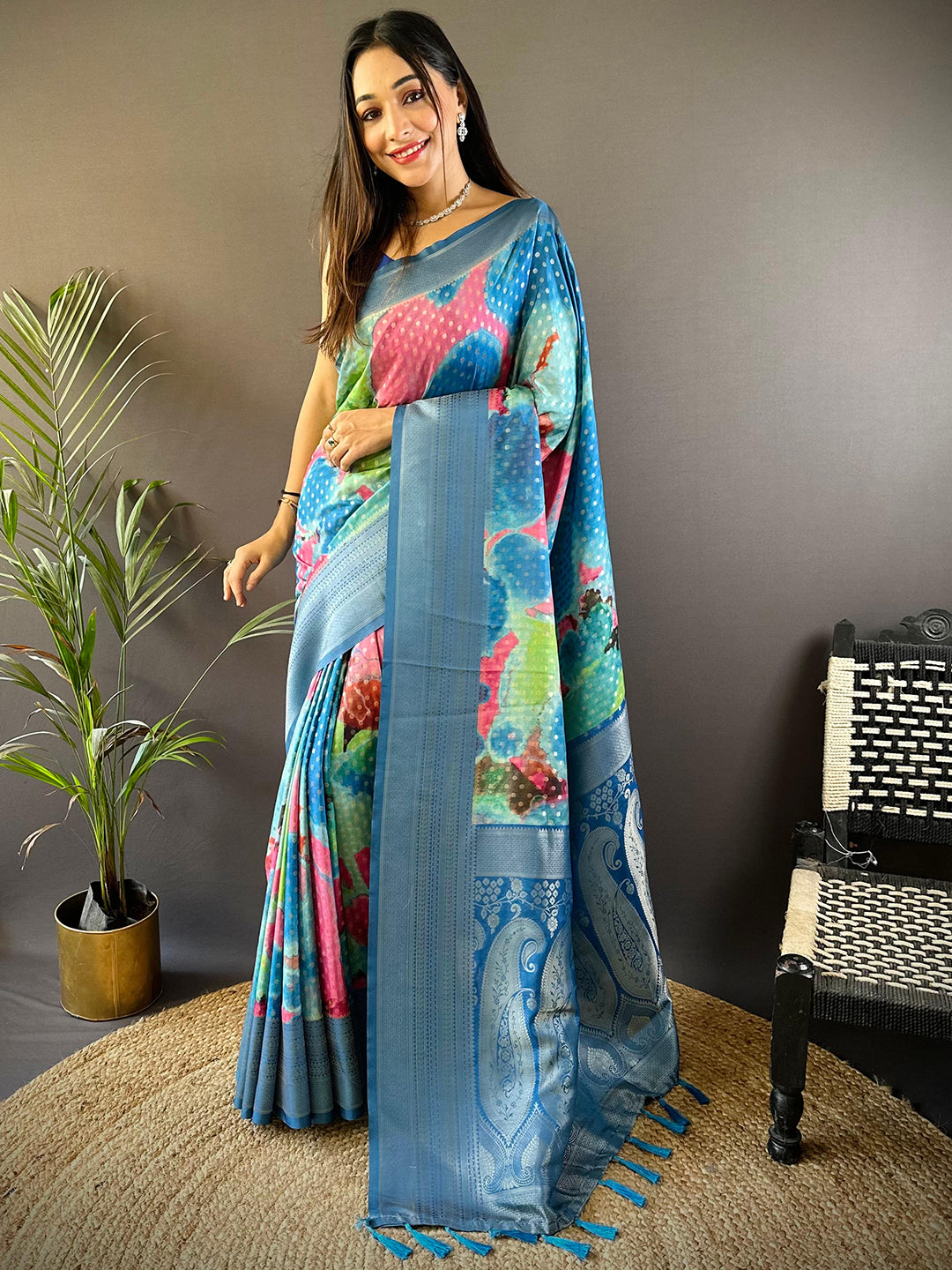 Dark Blue Banarasi Ombre Print Saree