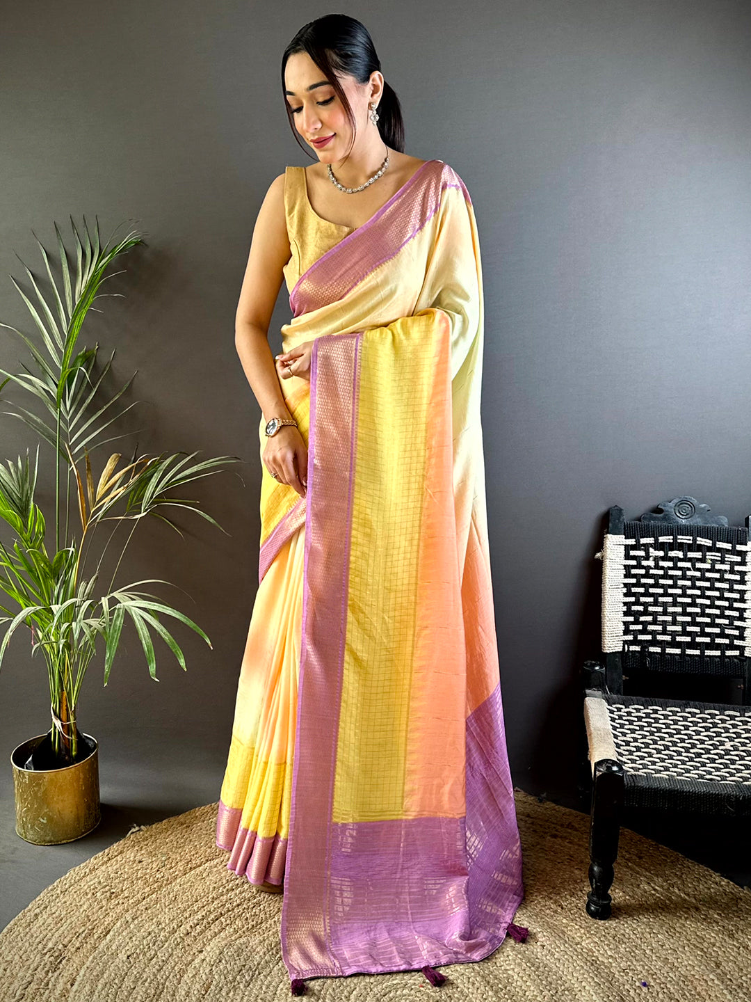 Vibrant Cotton Viscose Zari Check Ombre Saree