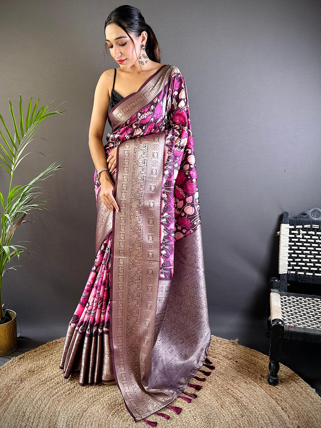 Rose Wine Soft Silk Kalamkari Saree