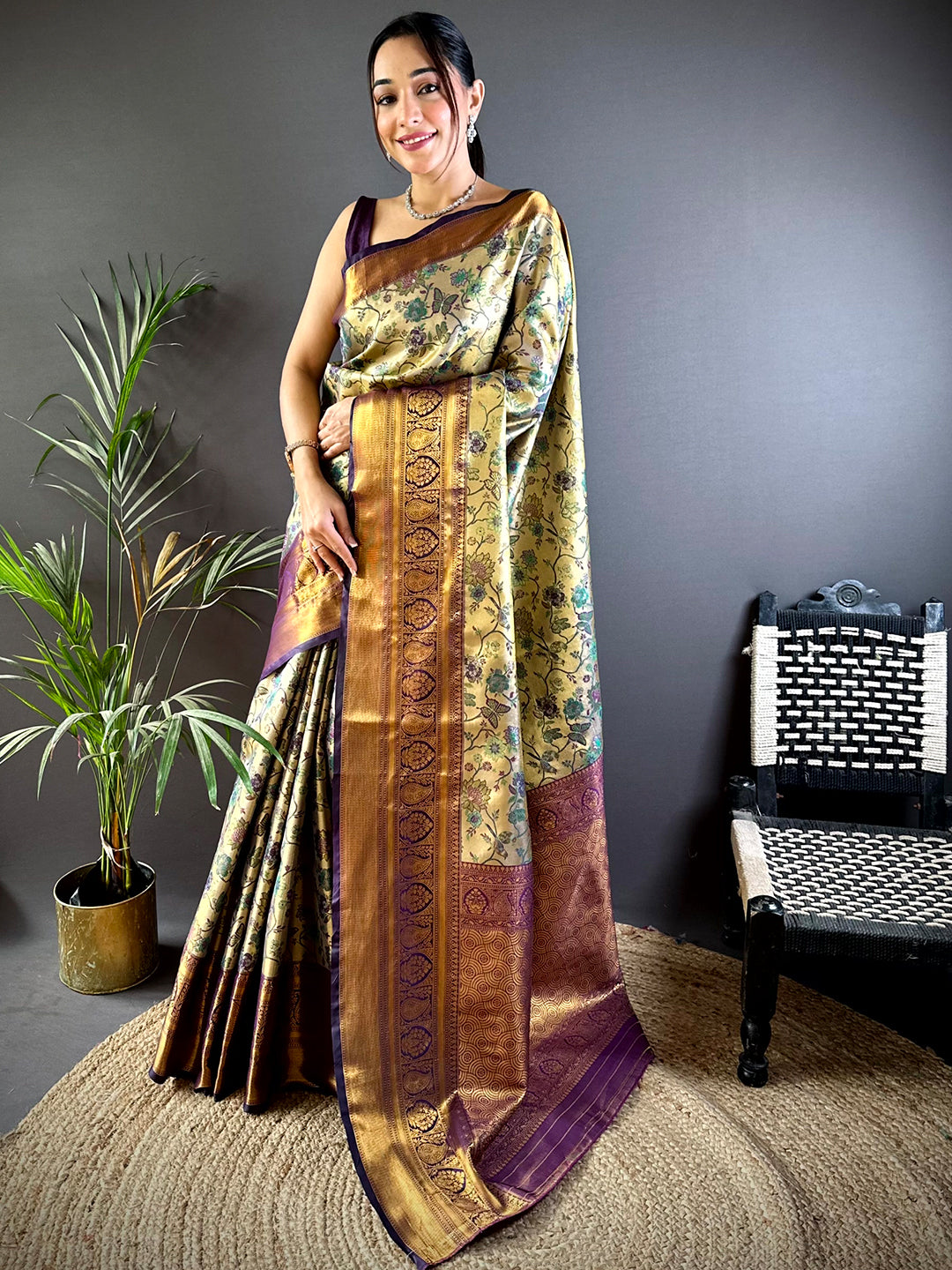 Graceful Brown Butterfly Floral Dharmavaram Saree