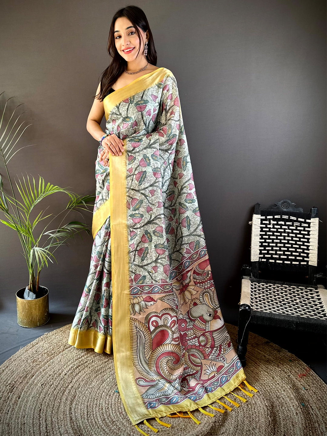 Mint Green Kota Doriya Floral Kalamkari Print Saree