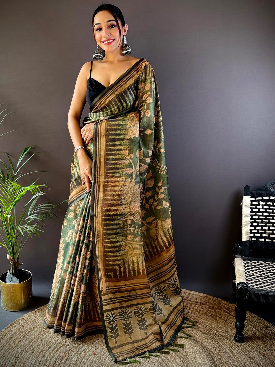 Olive Green Floral Stripes Tissue Saree