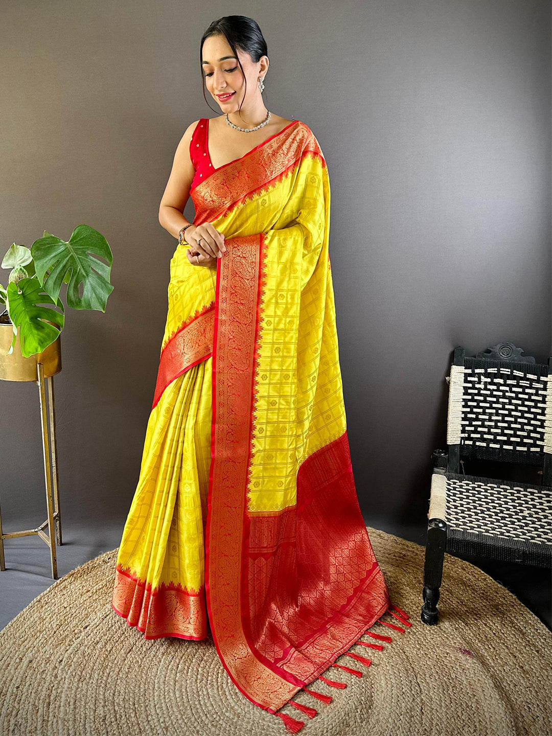 Full view of Sunshine Yellow Kovai Banarasi Silk Saree