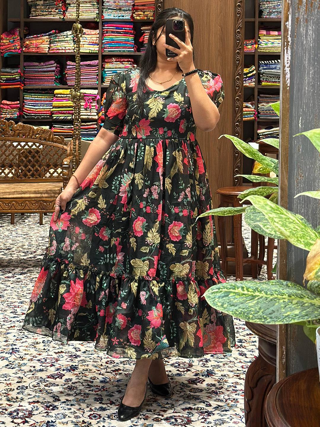 Model displaying Revan Black Floral Print Midi Dress